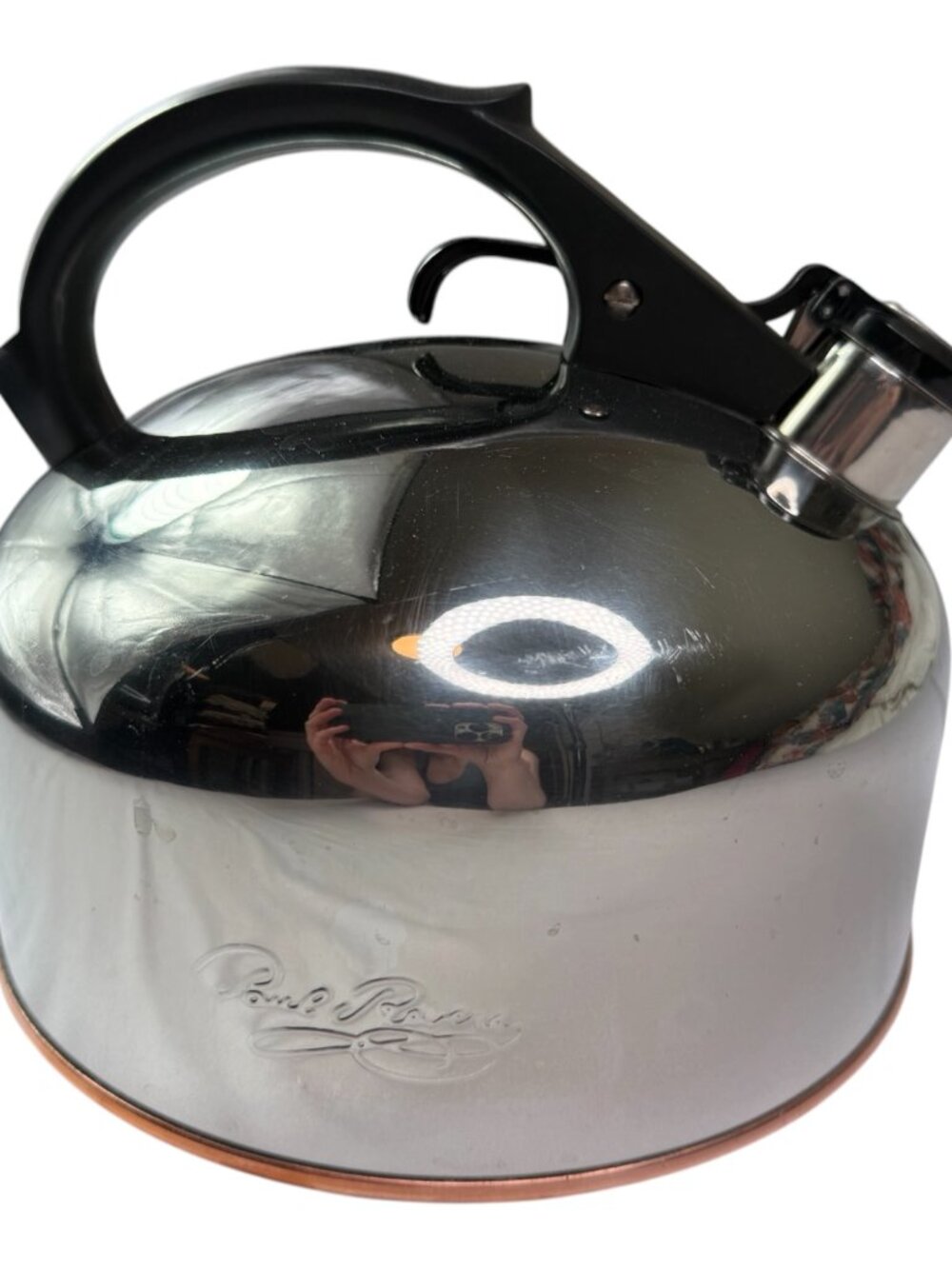 Paul Revere Revereware Tea Kettle.  Silver, Copper Clad Bottom.  Whistling